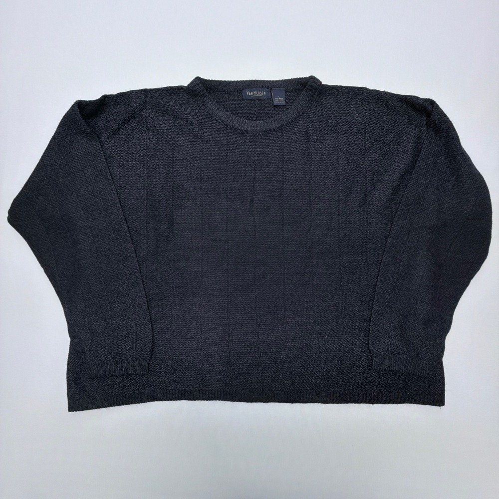 Van Heusen Mens Large Navy Blue Textured Acrylic Crewneck Pullover Sweater 90s